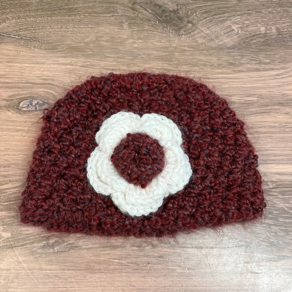 Handmade Crochet Beanie Girls/Toddler Burgundy Cream 3D Flower Knit Winter Hat